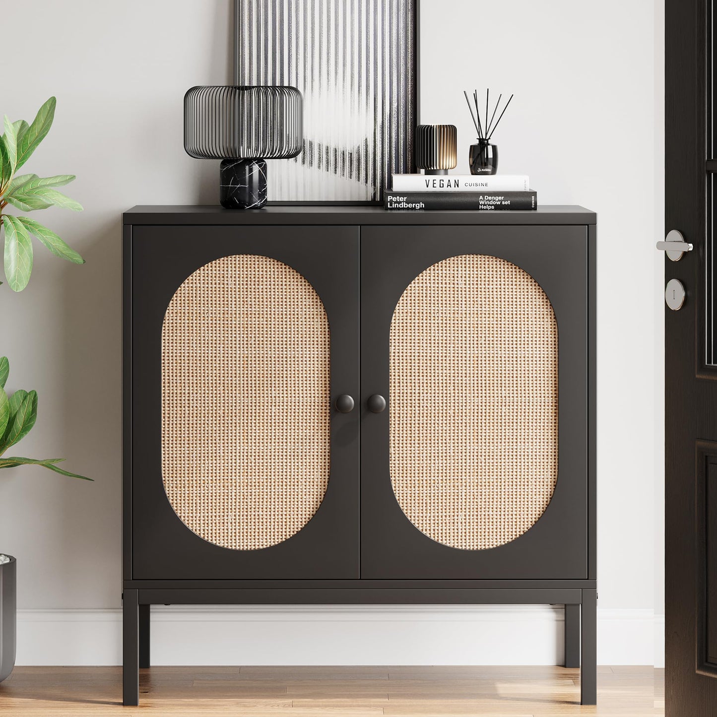 IDEALHOUSE Buffet Cabinet, Rattan Storage Cabinet with Doors and Shelves, Accent Cabinet Sideboard, Wood Console Cabinet with Storage Entryway Cabinet for Living Room, Dining Room, Hallway (Black)