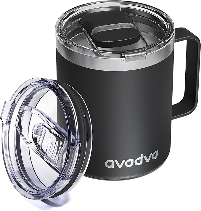 12oz Insulated Coffee Mug with Lid â Includes Two Lids, Stainless Steel Coffee Travel Mug with Handle, Double Wall Vacuum Insulated Camping Mug for Home, Office & Outdoor, Black