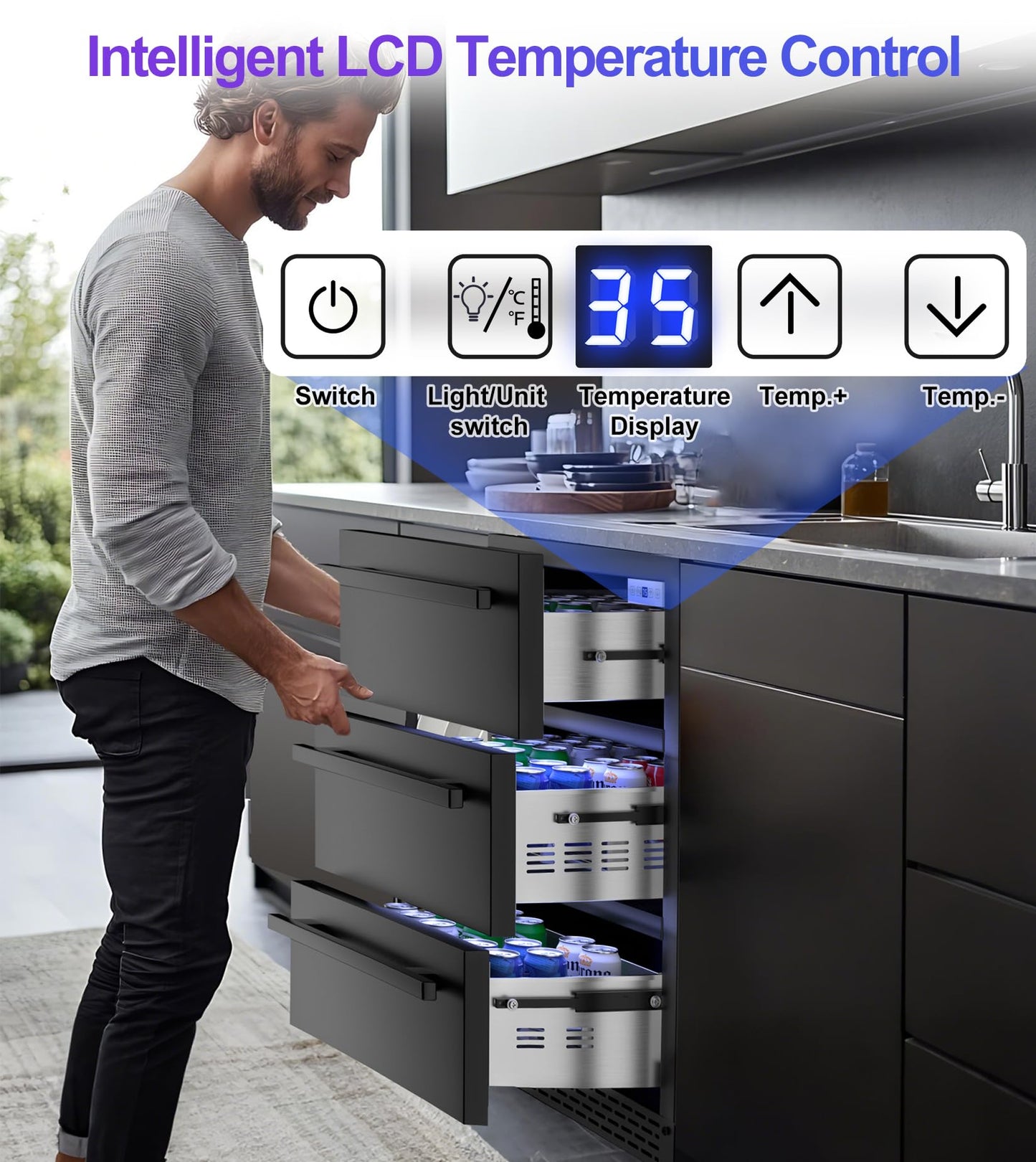 3-Tier Drawer Beverage Refrigerator, Hold 180 Cans 24 inch Undercounter & Built-in Beverage Fridge with Temperature Control, Waterproof Outdoor Freestanding Beverage Cooler for Home,Commercial Use
