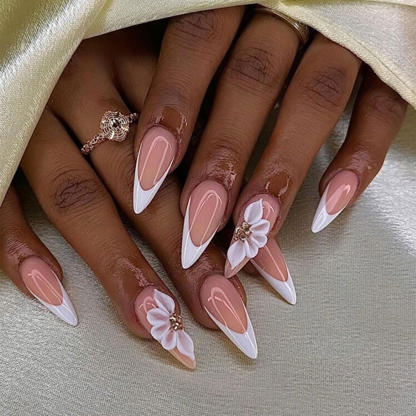 Long Press on Nails Almond Handmade Nails with Glue,French Tip False Nails Nude Pink Nail Press ons 5D Flower Art Design Muti-Layer Gel Handmade Nail Luxury False Nails for Women (Size S)