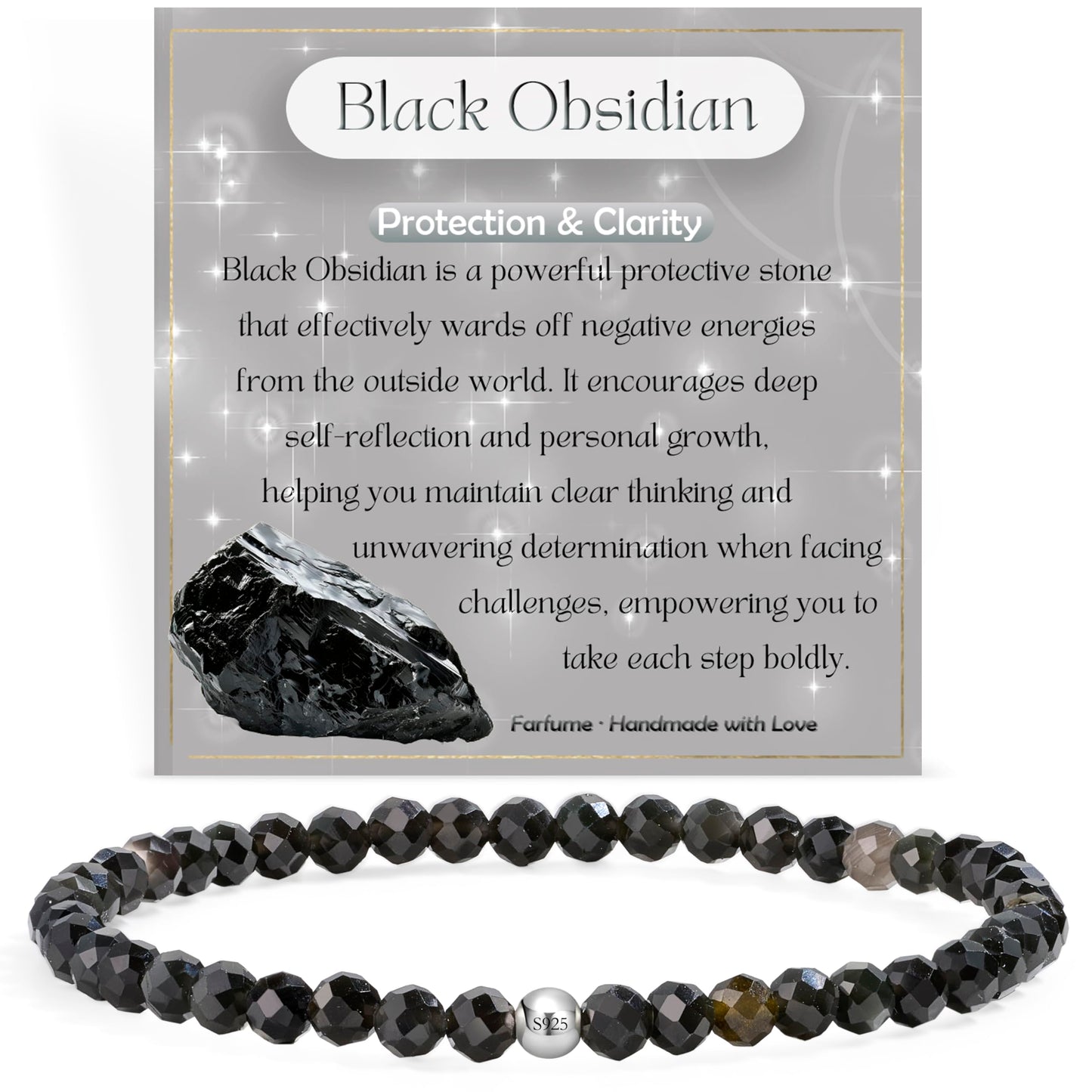 Farfume Black Obsidian - Protection & Clarity - Beaded Bracelets for Women,Handmade Natural Stone 4mm Beads 925 Sterling Silver Stretch Bracelets, Chakra Crystal Gemstone Jewelry Gifts for Mom