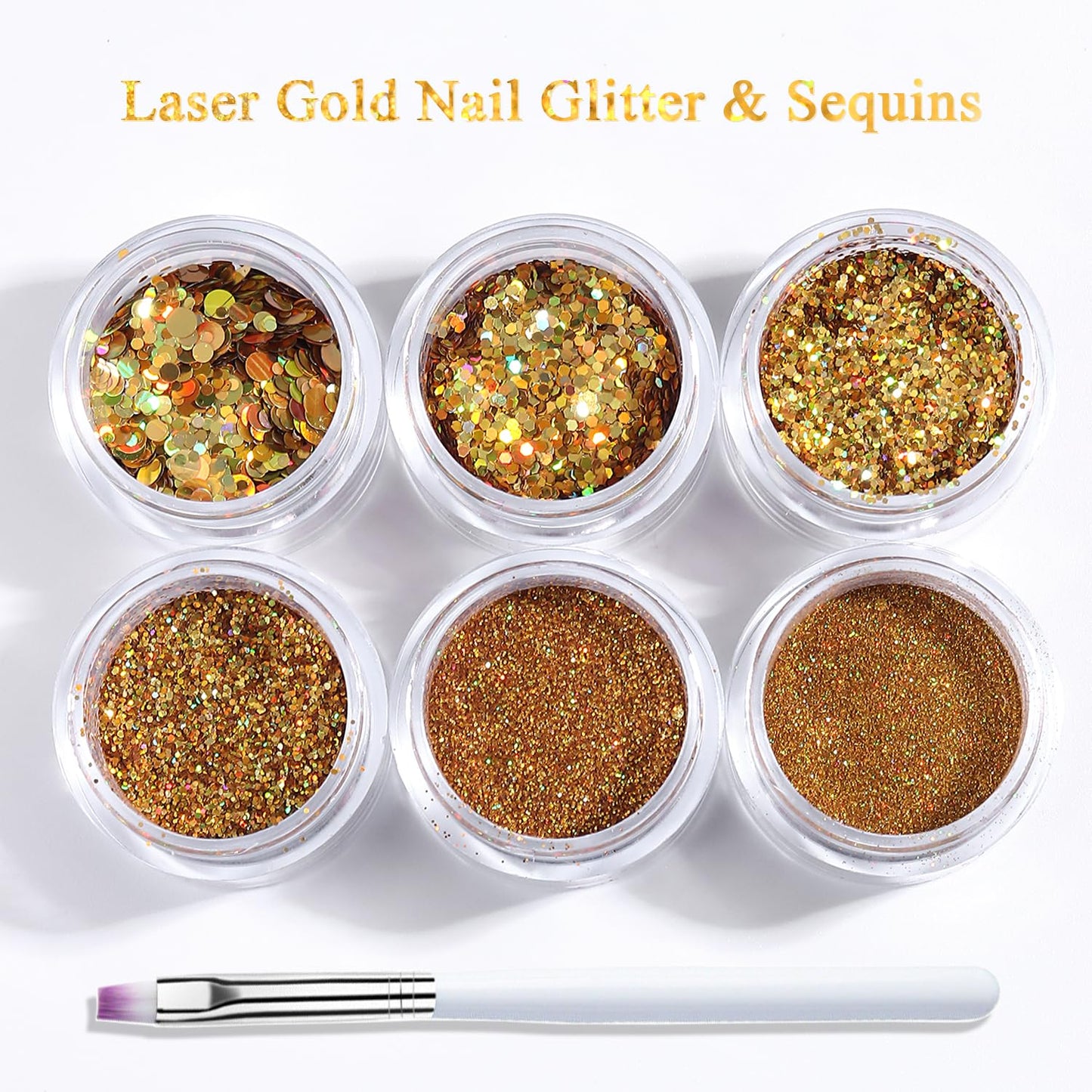 Furtherpretty Laser Gold Nail Glitter Powder Set, Mixed-Size Holographic Nail Glitter Dust, Sparkling Sequins & Flakes for Nail Art Decoration, Manicure Salon Supplies, Gold Glitter for Crafts