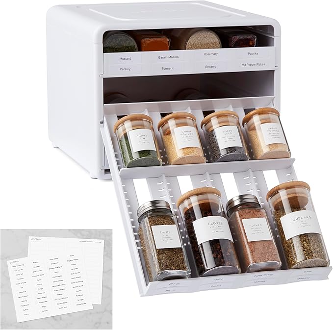 YouCopia SpiceStackÂ® Adjustable Spice Rack Organizer, Pull-Down 24-Bottle Seasonings and Spices Holder for Kitchen Cabinet and Pantry Organization with 104 Included Labels | Adjustable