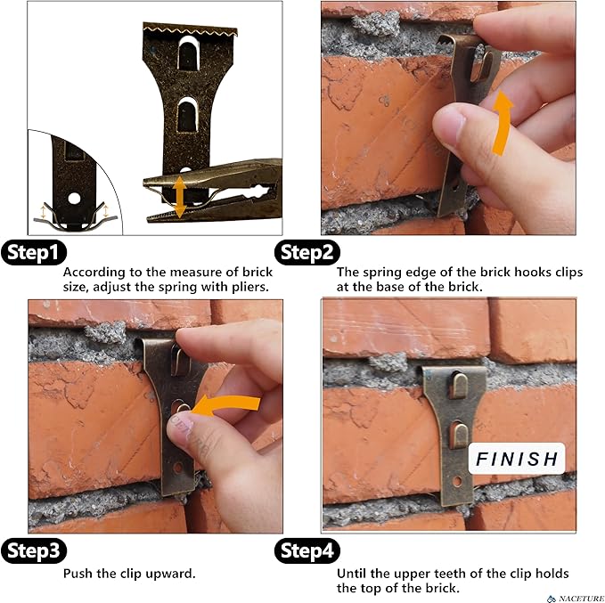 NACETURE Brick Hook Clips, 4-Pack — for 2.25"–2.40" Brick Height Only, Requires ≥1/8" Recessed Mortar — No-Drill Metal Brick Hangers, Supports Up to 25 lb (When Properly Installed)