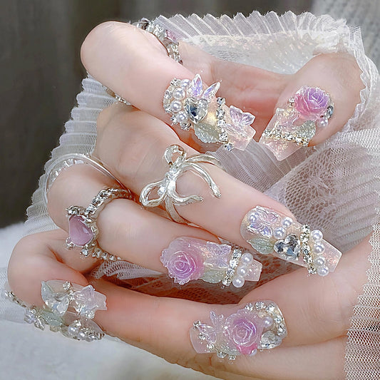 MISUD Press on Nails - Long Coffin Fake Nails with Pink Flower, Acrylic Handmade Pearl Rhinestone Design 24 pcs