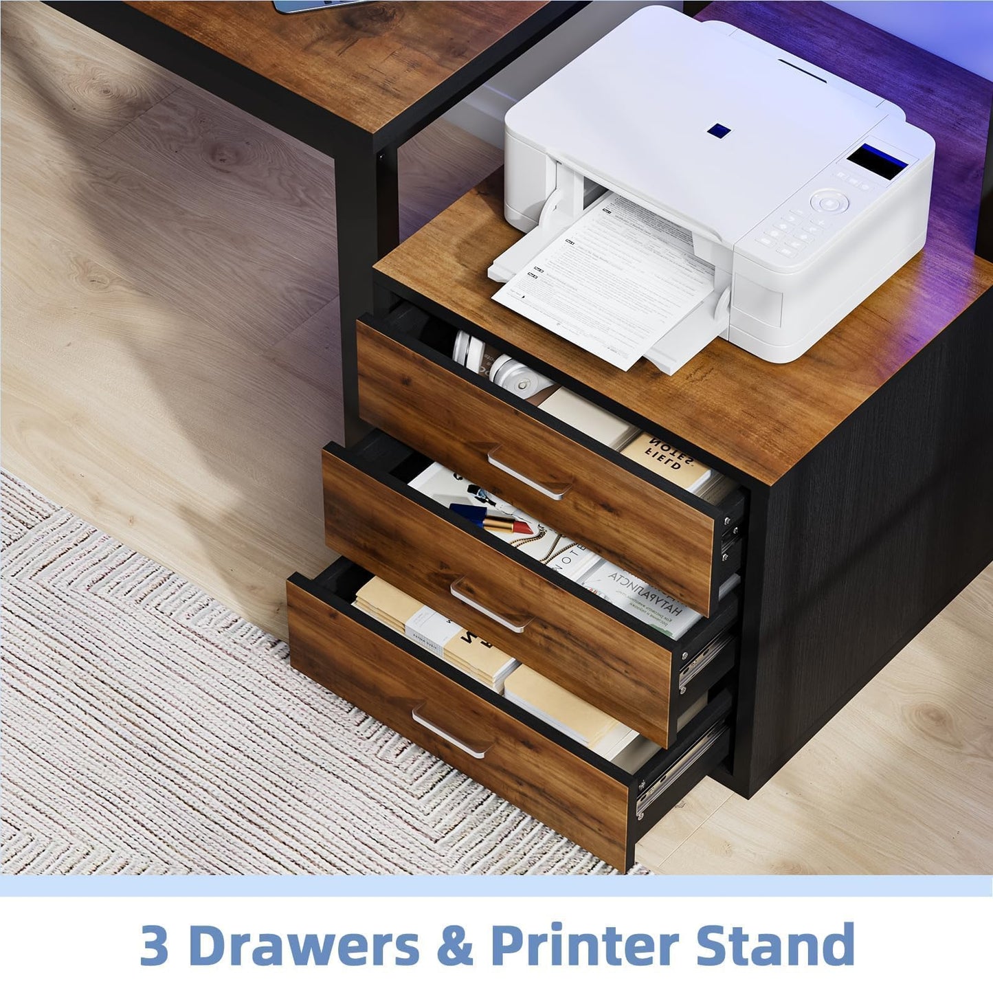 MaverickFurni 67'' Computer Desk with Drawers, Black Desk with Storage and Monitor Stand, Home Office Desk with LED Lights, Black and Walnut