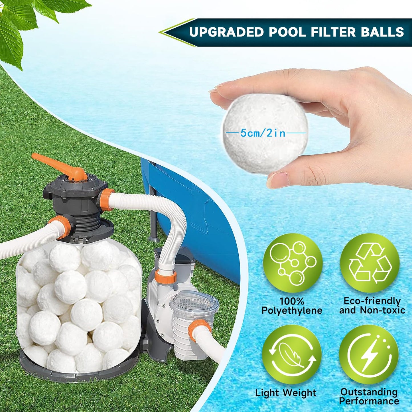 Kevsuvqin 3.53 Lbs Pool Filter Balls for Sand Filter, Reusable Eco-Friendly Sand Filter Balls (Equals 120lbs Pool Filter Sand), Pool Filter Media Balls with Wash Bag, Filter Balls for Swimming Pools