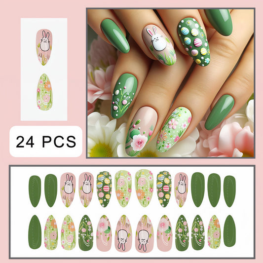 Easter Colorful Flowers Press on Nails Short Square Fake Nails Cute Easter Eggs False Nails with Pink and Green Bunnies Design Stick on Nails for Women Girls Manicure Decoration 24 pcs