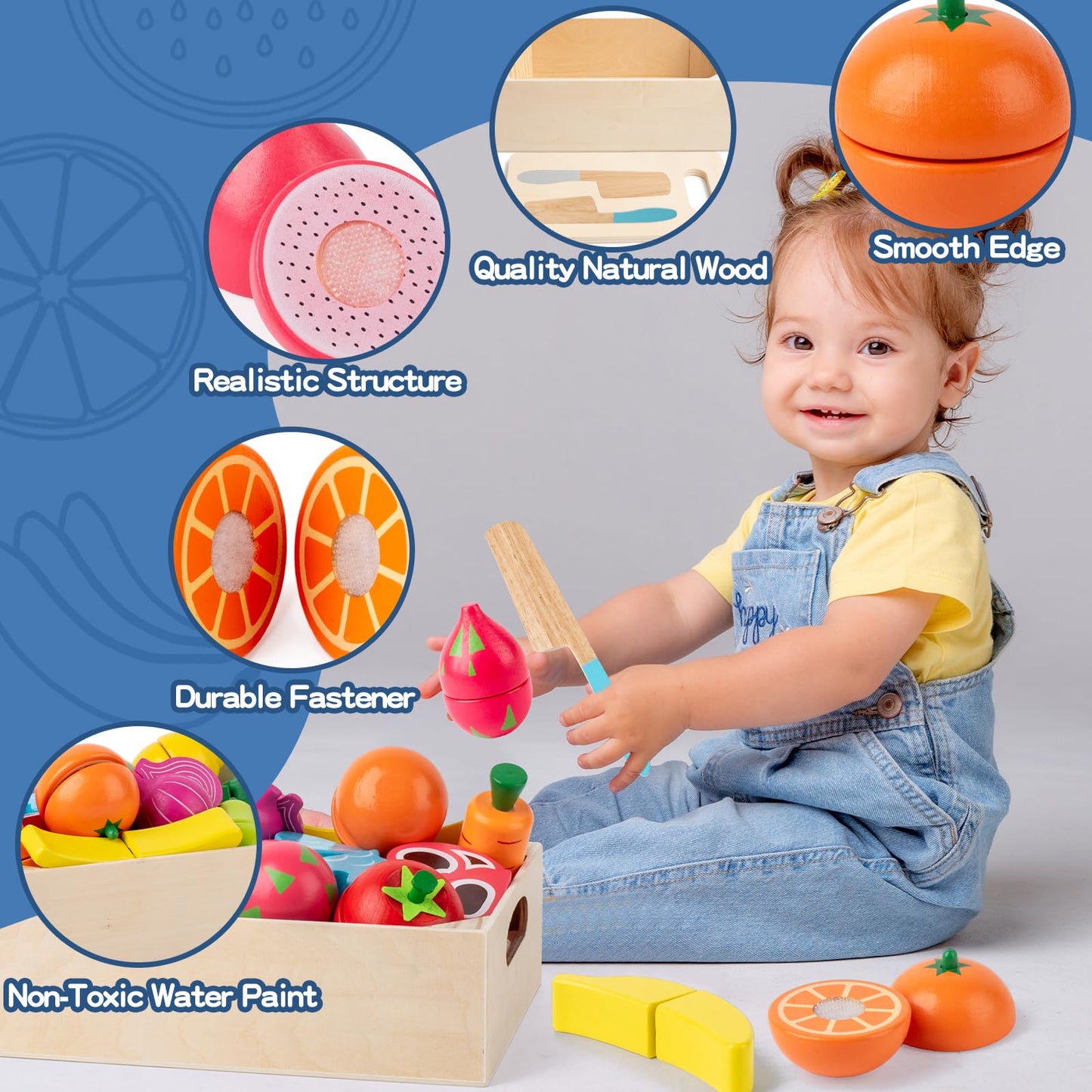 32 Pcs Wooden Play Food Sets for Kids Kitchen Accessories, Montessori Educational Toys Food, Pretend Play Food for Toddlers, Velcro Fruits and Vegetables Cutting Set for Kids Boys Girls
