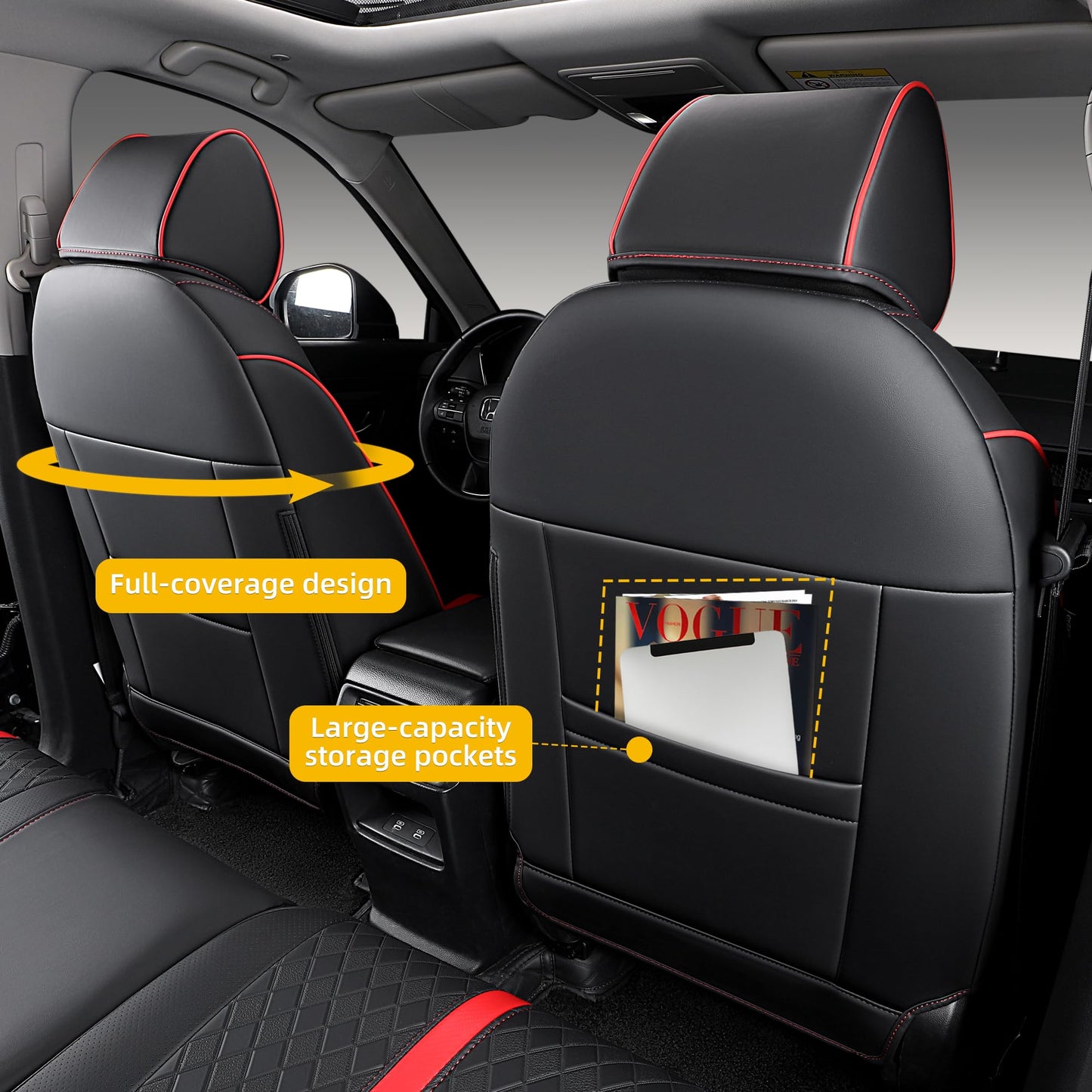 OURPLOT Custom Fit CRV Seat Covers for 2023-2026 Honda CR-V Hybrid & Gas, Waterproof Faux Leather Full Set Car Seat Cover, Fits LX, EX, EX-L, Sport, Touring, TrailSport (Black+Red)