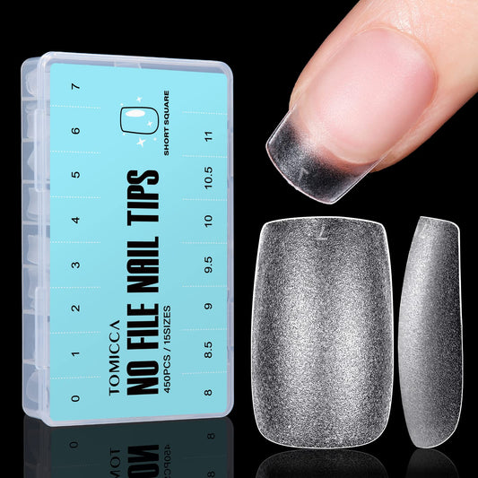 TOMICCA Short Coffin Nail Tips, 450Pcs Soft Pre Shaped Gel Fake Nails, 15 Sizes Full Cover Double-sided Matte Press on Flase Nail Tips for Home DIY Nail Art Women Girls
