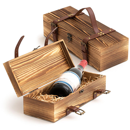 Briwooody 1 Pack Vintage Wooden Wine Gift Box - Rustic Wine Bottle Gift Case Single Bottle Holder with Leather Buckle Straps and Locking Latch for Birthday, Wedding, Anniversary, Housewarming