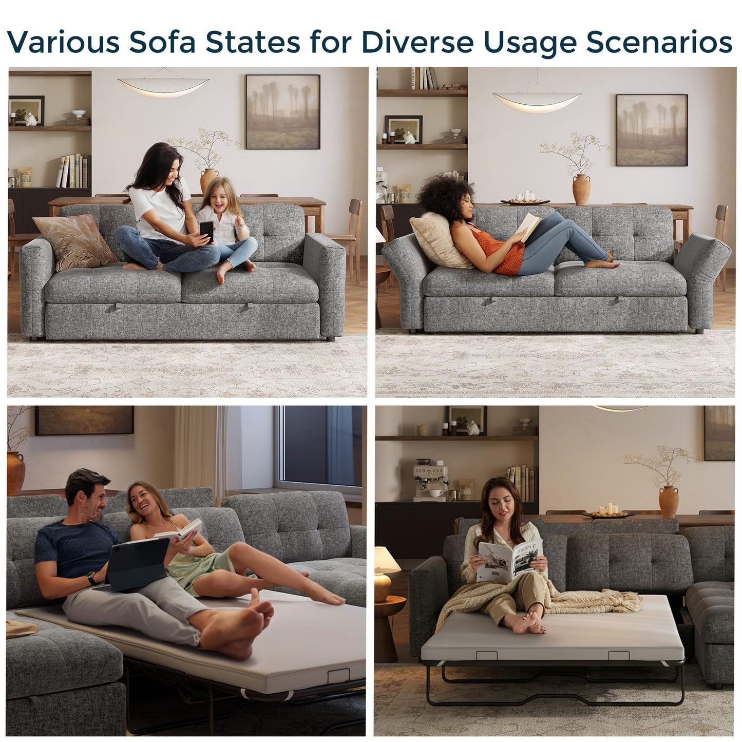 LINSY Oversized Sectional Sleeper Sofa 152" Pull Out Bed and Storage Chaise, Convertible Sofa Bed with Memory Foam Topper, Comfy U Shaped Modular Couches for Living Room Apartment Dorm Room, Grey