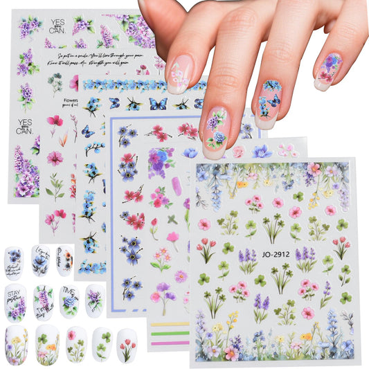 Rdntbeu 6 Sheets Colorful Flower Nail Stickers for Nail Art Spring Nail Decals 5D Self-Adhesive Coloful Floral Nail Design Summer Nails Supplies for Women Girls DIY Nail Art Decor