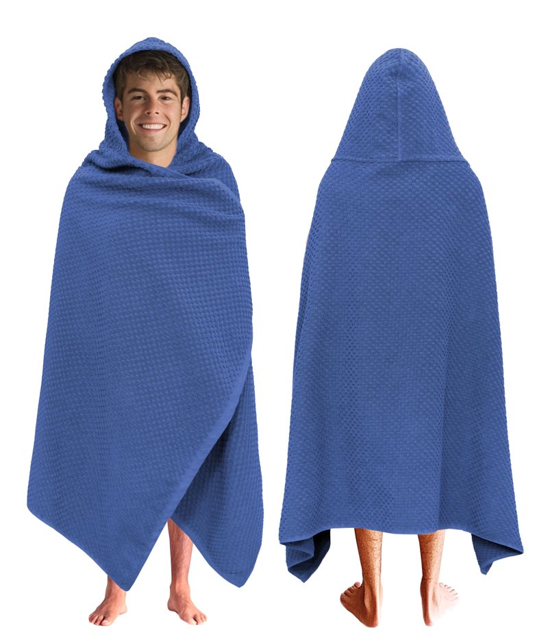 COTTON CRAFT Hooded Bath Towel – Oversized 35 x 70 Waffle Weave Towel with Hood for Adults - 100% Ringspun Cotton Pool Bath Sheet Wrap with Hood - Soft Super Absorbent Quick Dry – 450 GSM – Blue