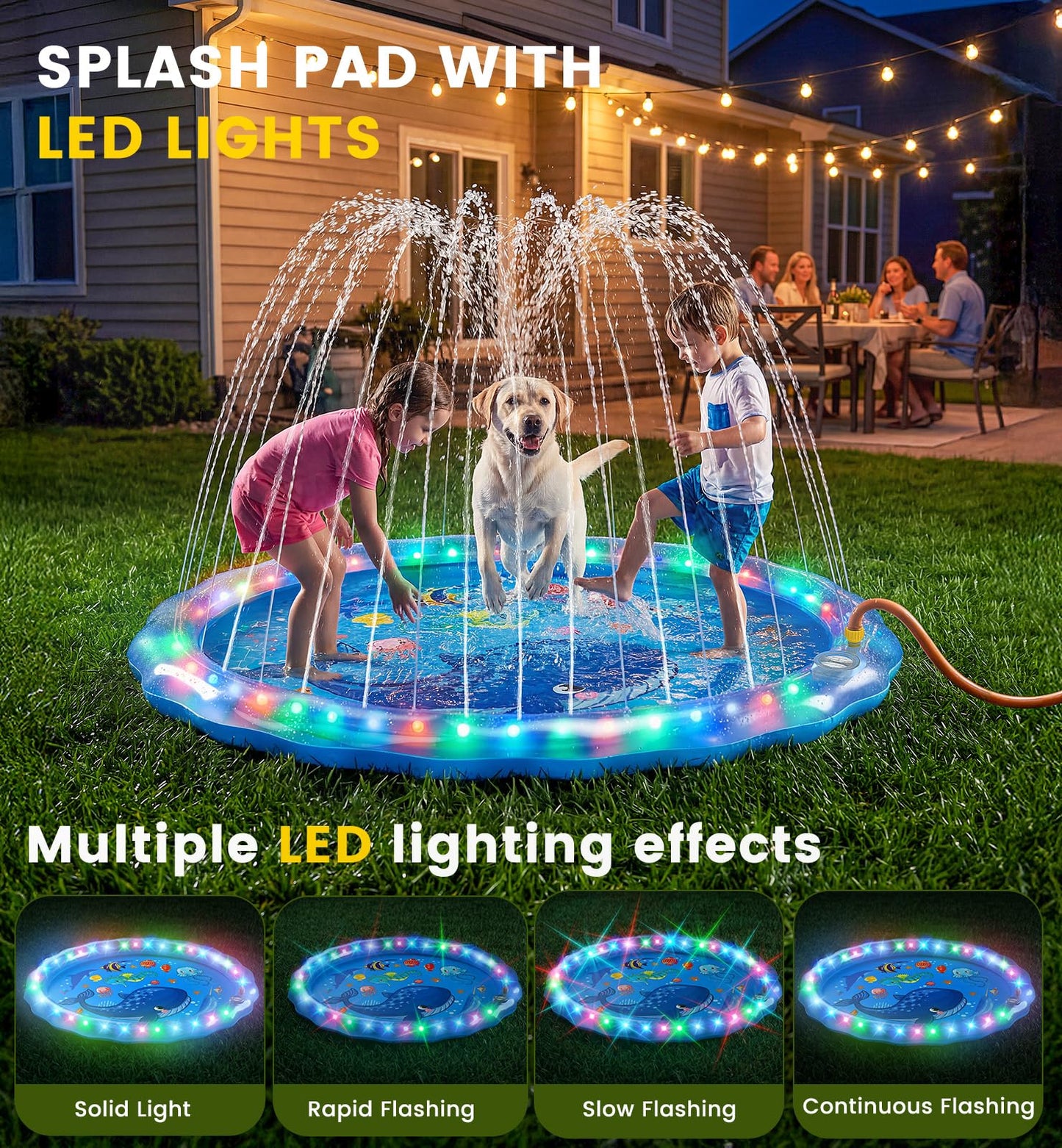 Dsquu LED Glowing Splash Pad Sprinkler for Kids & Dogs, 60" Non-Slip Outdoor Water Toys Toddler Sprinkler Pool Splash Pad/Play Mat,LED Light Boys Girls Yard Sprinkler Pool for Kids