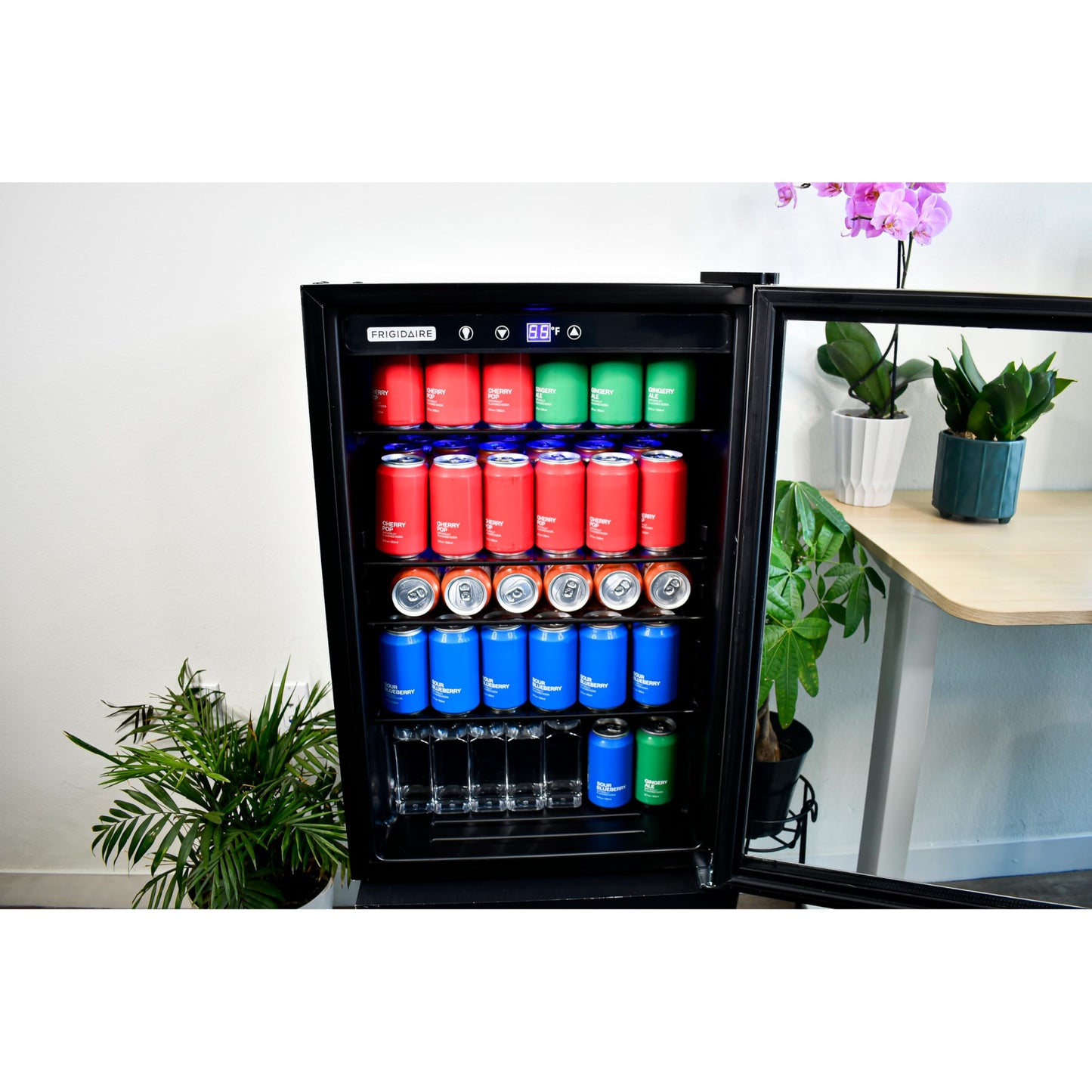Frigidaire Beverage Refrigerator, Fridge with Glass Door, Compact Mini Fridge with Digital Temperature Control, Fits 115 Cans or 34 Bottles, 96L Capacity - 19.1" D x 17.5" W x 31.2" H