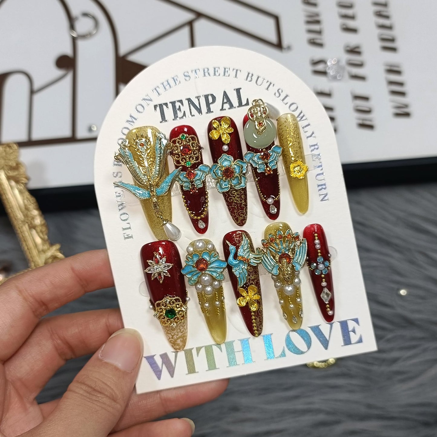 TENPAL 10Pcs Heirloom Chinese Bridal Press On Nails With Tools,Red Gold Phoenix Dragon Designs Fake Nails Long Stiletto,Full Crystals Heavy Relief Luxury Wedding Set Glue on Nails for Cheongsam(XS)