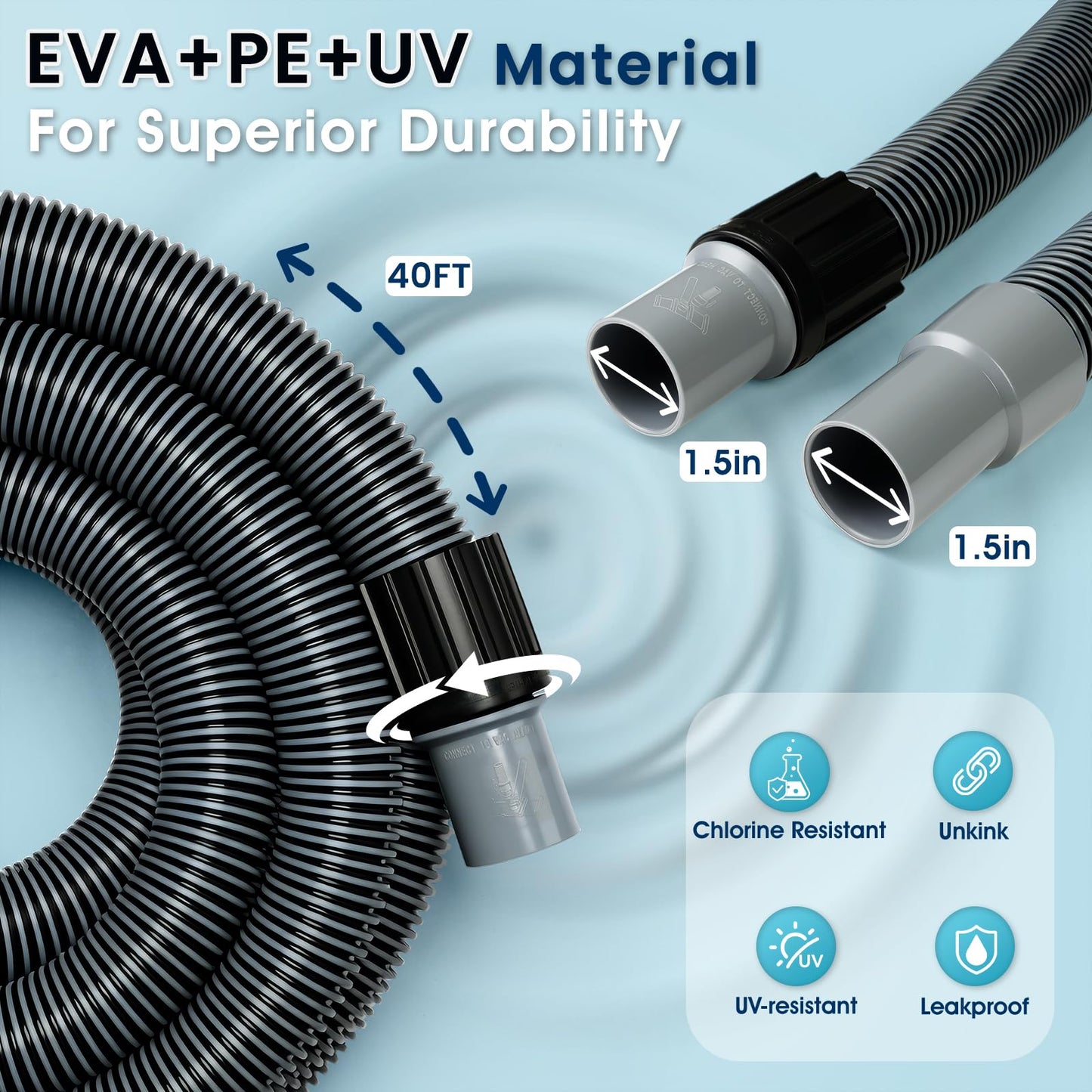 Sepetrel Manual Pool Vacuum Hose 1-1/2" x 40 ft, Kink-Free Swivel Cuff Heavy Duty Spiral Wound Pool Cleaner Hose for Inground & Above Ground Pools, Skimmer,Not for Automatic Cleaners