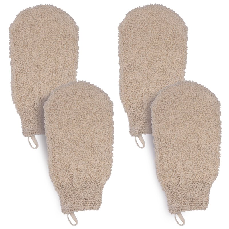 Bleu Bath (4 Pack) Natural Exfoliating Cotton Bath Mitt Shower Gloves Loofah Washcloth Sponge Machine Washable Body Scrubber (Gentle Ramie)