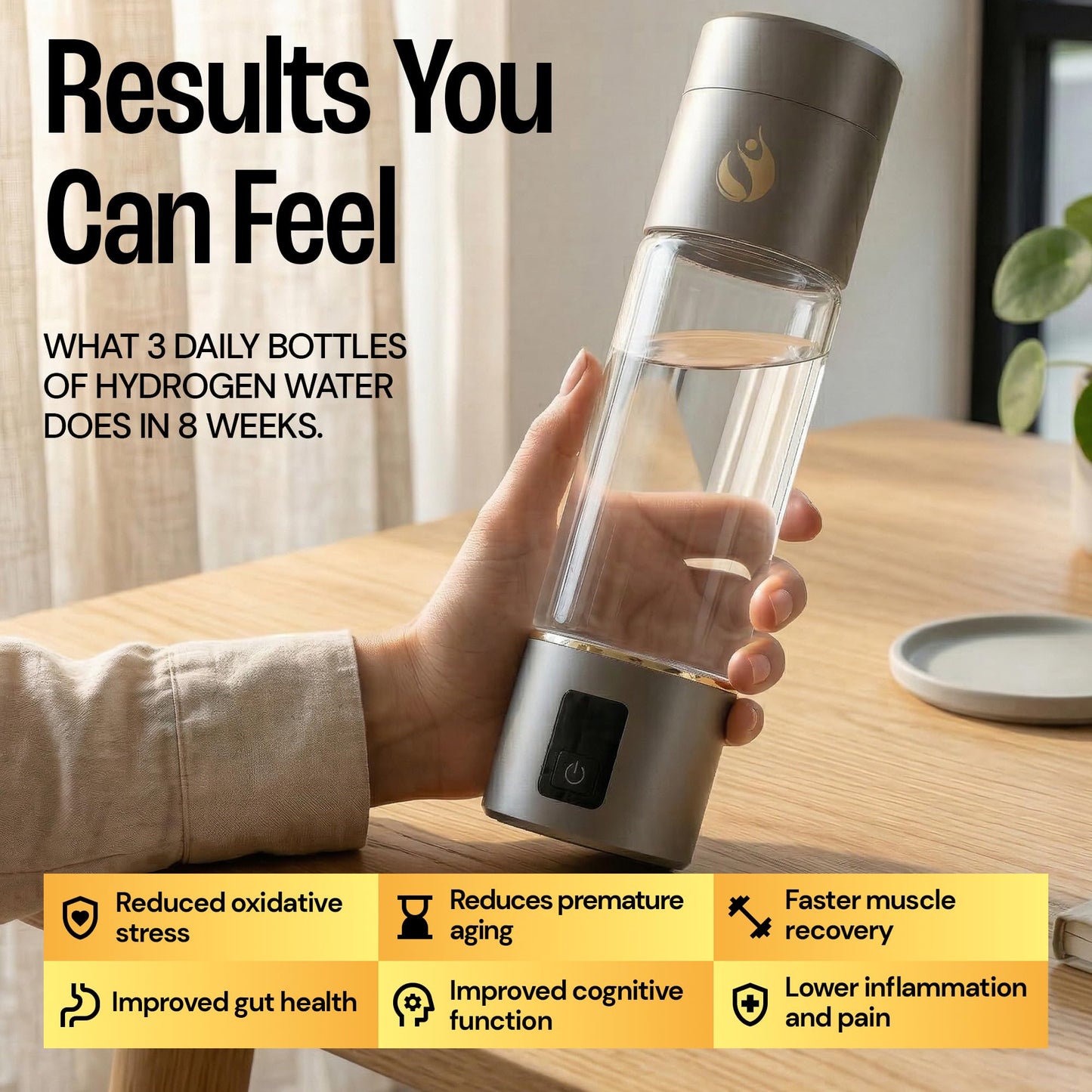Hydrogen Water Bottle Generator, Up to 6500 PPB Molecular Hydrogen, Independently Lab Tested, SPE/PEM Technology, 12-Hour Retention, 9.5 oz Portable Bottle for Home, Gym, Travel & Office