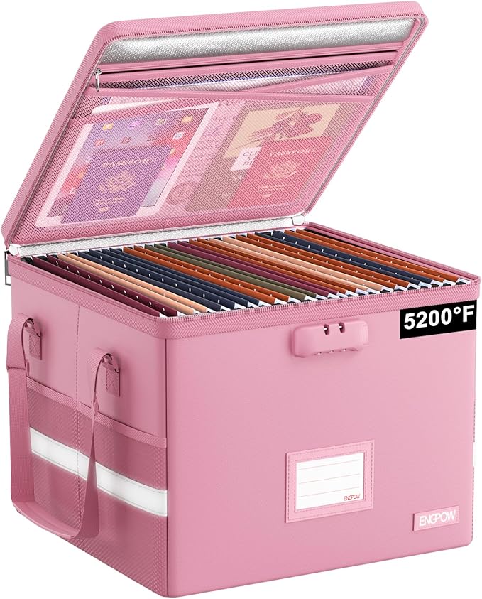 ENGPOW 5200ÃÂ°F File Box Fireproof Document Box with Lock,Heat Insulated Collapsible File Storage Organizer Box with Handle,Portable Home Office File Cabinet for Hanging Letter/Legal Size Folder, Pink