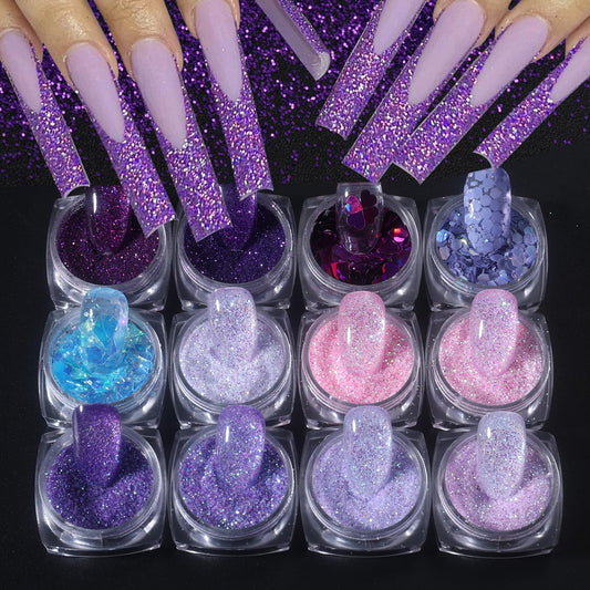 Purple Sugar Nail Glitter Powder 12 Colors Fine Diamond Dust Nail Art Powder Shimmer Purple Blue Sugar Coating Glitter for Nails Art Dipping Pigment Manicure DIY Designs Crafts Decoration Supplies