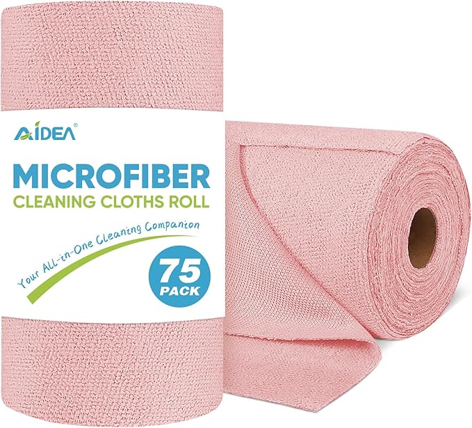 AIDEA Microfiber Cleaning Cloth Roll, 75PK, Tear Away Reusable Paper Towels, Pink Towels Lint Free Rags for House, Kitchen, Car Cleaning Supplies, 11.5"Ã11.5"