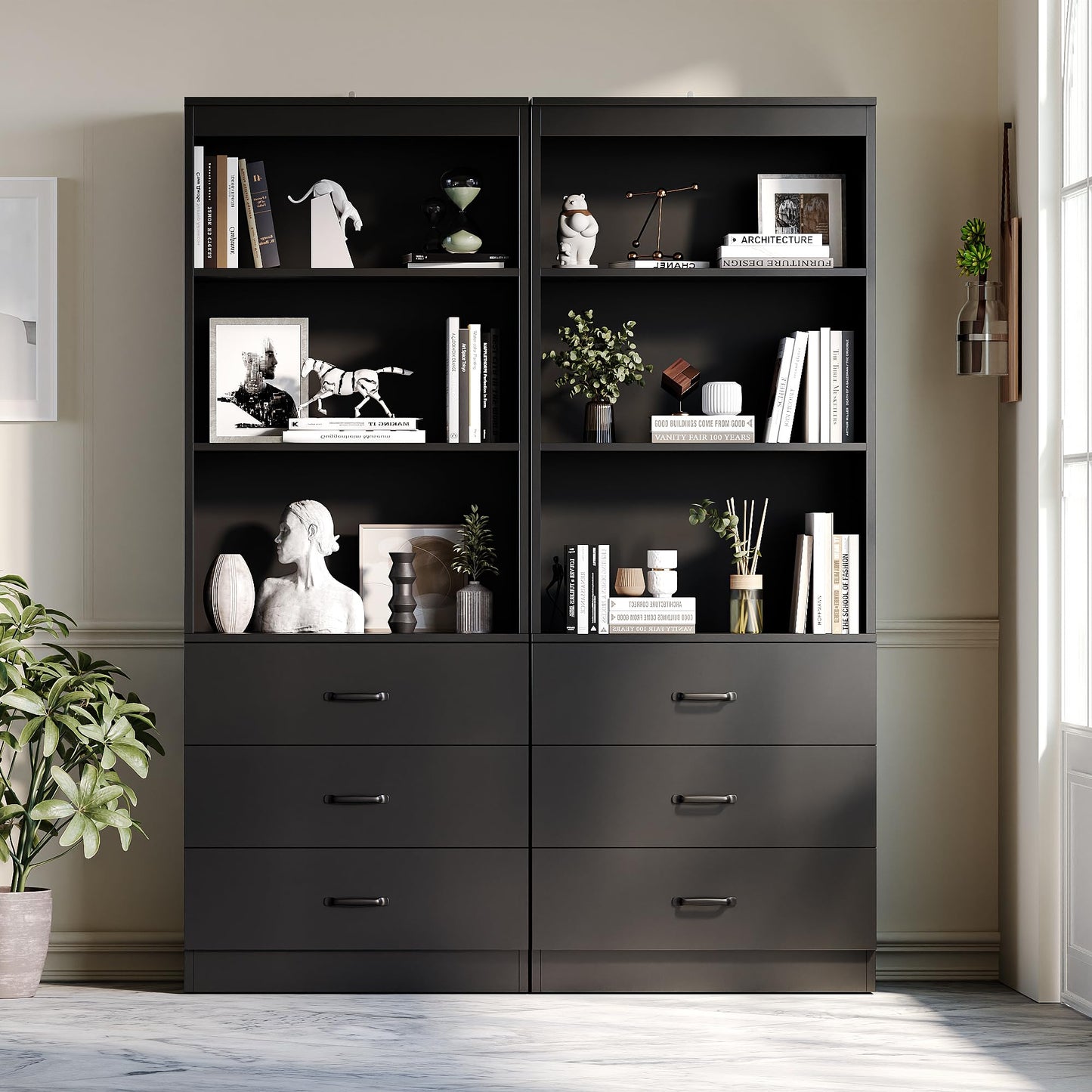 OneBlis 70" H Black Bookshelf with Drawers, Tall Bookcase with 3-Tier Open Shelves, Bookshelf and Bookcase with Storage Cabinet for Home Office,Living Room(Black,6-Tier)