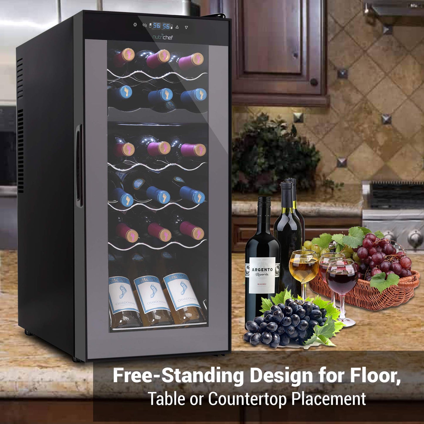 NutriChef 18 Bottle Wine Fridge | Dual Zone Wine Chiller | Adjustable Temperature 41°F to 64°F | Ultra Quiet Operation | Wine Cooler For Home & Office | Free Standing 32x13x19 IN | Black