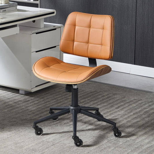 BERYTH Home Office Desk Chair with Wheels, Adjustable Height Armless Office Chair, PU Leather Mid Back 360° Small Computer Chair, Modern Walnut Chair No Arms for Office, Reading Meeting Room(Brown)