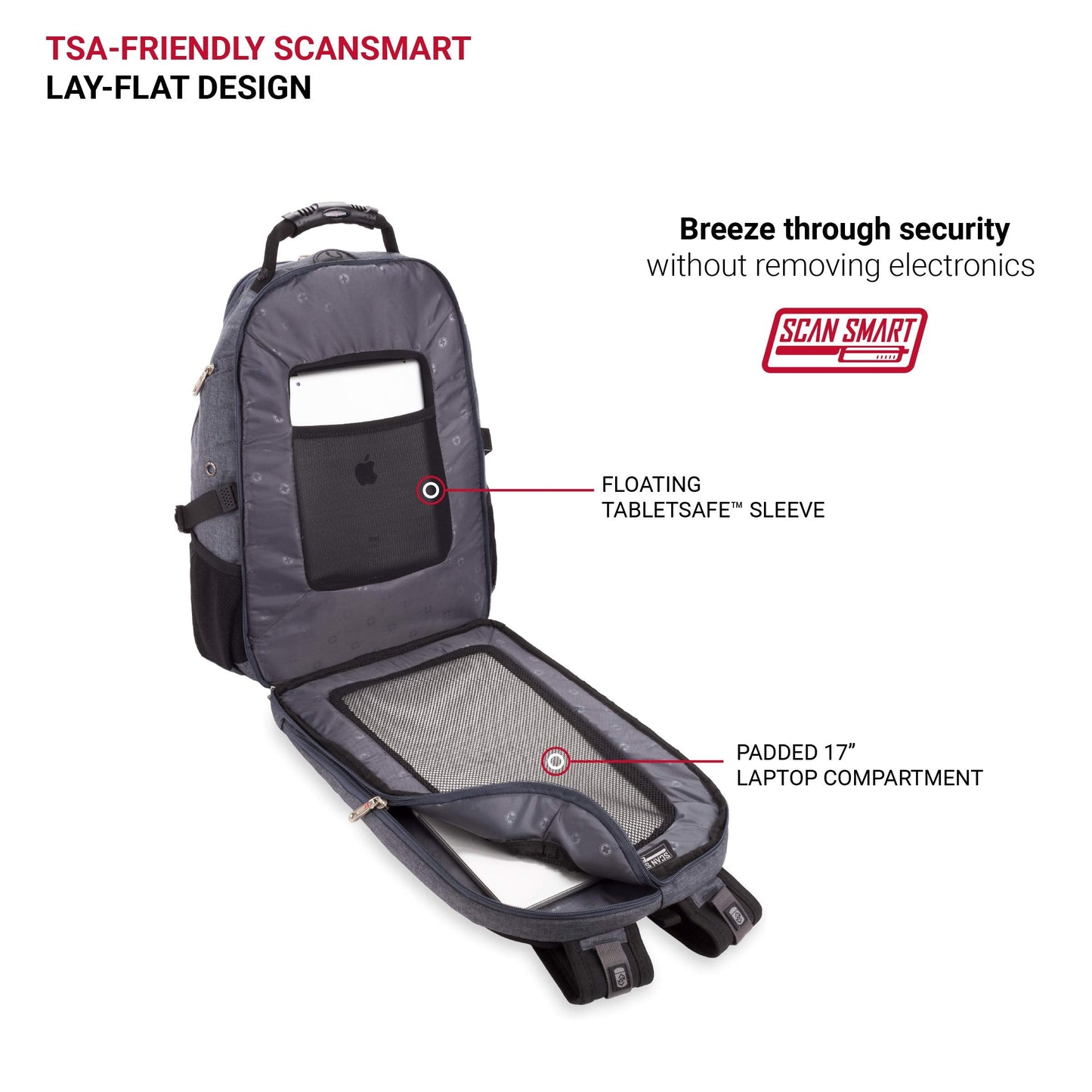 SwissGear 5977 ScanSmart TSA Friendly Laptop Backpack, Fits Most 17 Inch Laptops and Tablets, Ideal for Work, Travel, School, College, and Commuting, Grey