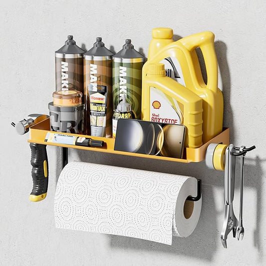 SUNTECH Garage Paper Towel Holder with Shelf, Yellow Heavy Duty Shop Towel Holder, Paper Towel Holder Wall Mount with 2 Hooks for Garage, Workshop, Tool Room Organization
