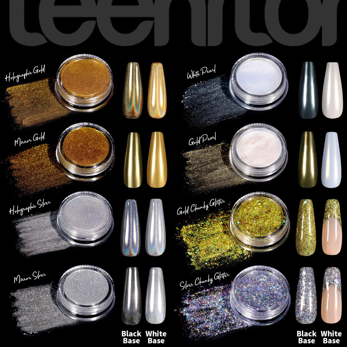 Teenitor Chrome Nail Powder Kit, 14 Pots Nail Chrome Powder with Nail Charms and Gems, Gold Chrome Nail Powder, Silver Red Mirror Effect Crome Powder for Gel Nails, Nail Supplies Nail Design Tools