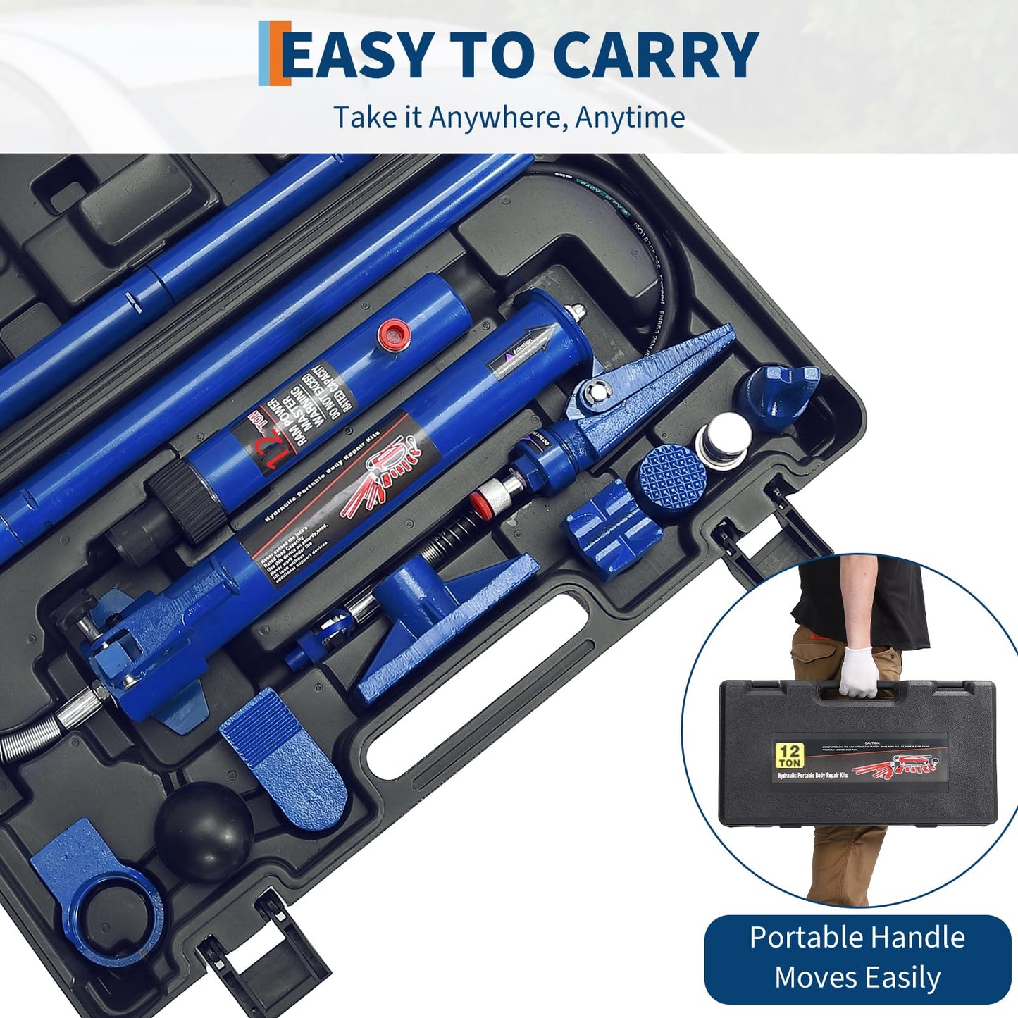 12 Ton Porta Power Kit,Hydraulic Ram Kit Porta Power Jack,Heavy Duty Auto Body Frame Repair Kit, Vehicle Body Collision Repair, Pusher, Puller, Spreader Sets for Garage and Workshop
