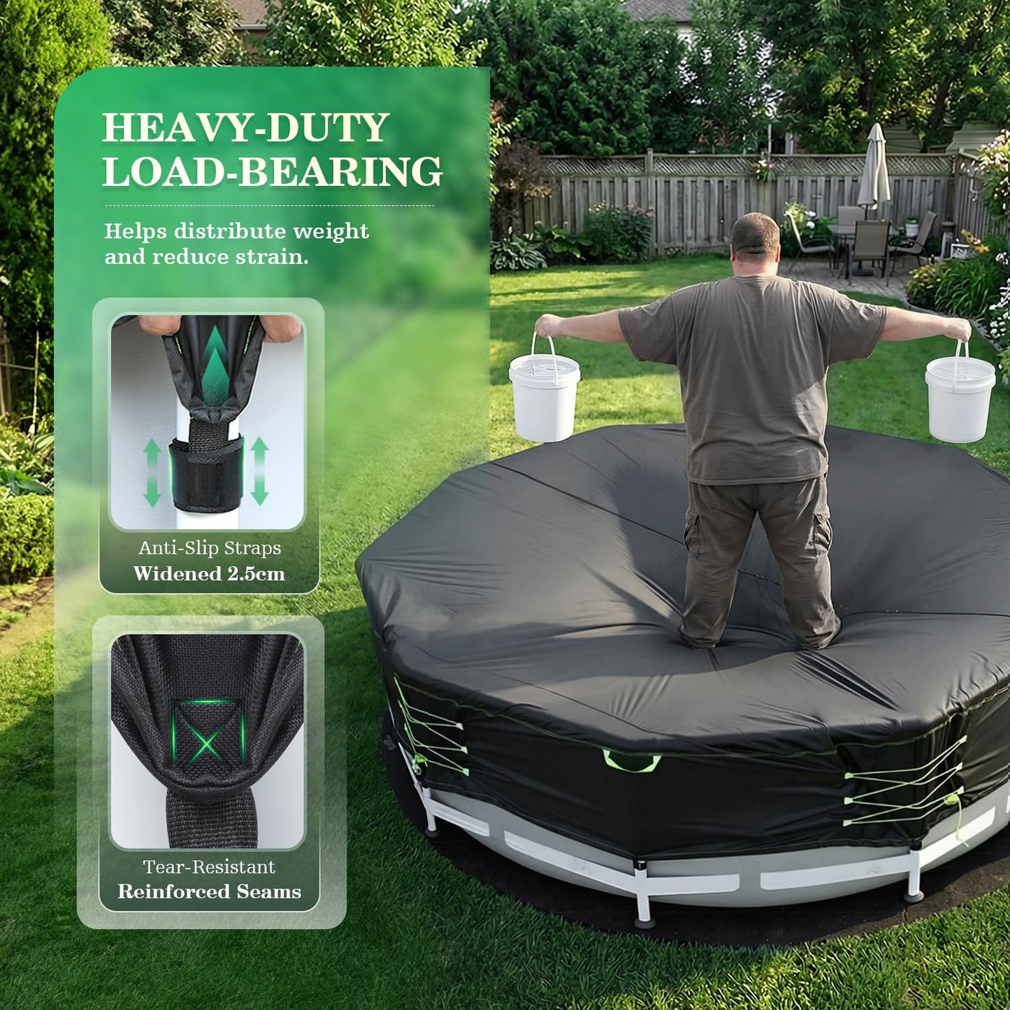 Uirway 600D Upgraded 18ft Pool Cover Round for Above Ground Pool, Tear Resistant Heavy Duty Fabric with Windproof Ratchet Locking & Reflective Drawstring, Weatherproof UV Protection, Anti-Slip Straps