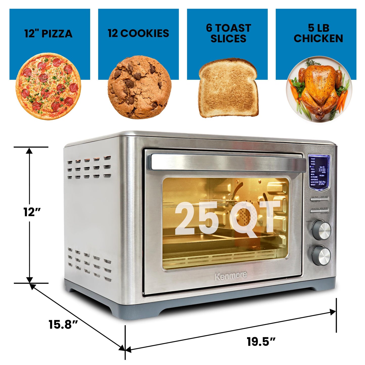 Kenmore Digital 11-In-1 Air Fryer Toaster Oven Combo 26 Qt Convection Rotisserie Dehydrator Bake Broil 1800 Watts 80°-450°F Temp Controls Top & Bottom Heater Adjustments Stainless Steel Large Capacity