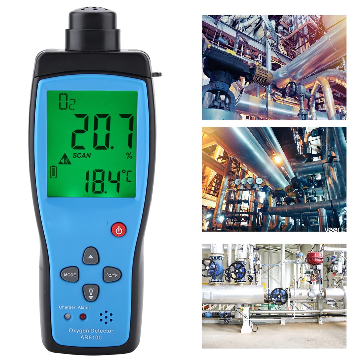 AR8100 Handheld Oxygen Detector, Oxygen O2 Detector Analyzer Rechargeable O2 Meter with LCD Backlit Display Portable Oxygen Purity Detector Inspector for Outdoor, Home, Industry