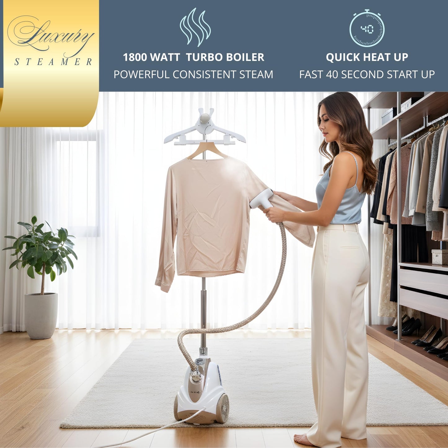 True & Tidy Luxury Standing Garment Steamer with 10 Steam Settings, Smart Auto Shut-Off 1800 Watt Powerful Clothes Steamer, Fast Heat Up, Wrinkle Removal for Home and Business Use