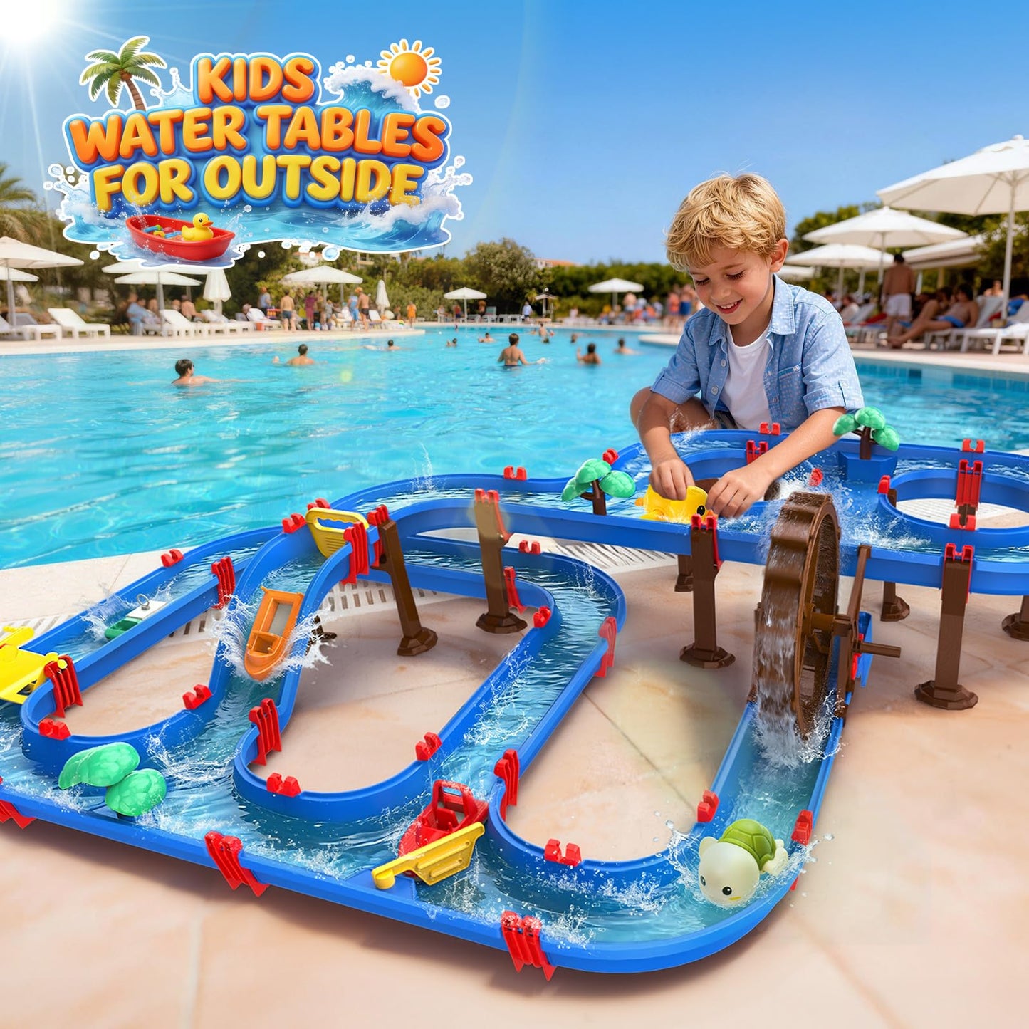 TERRAMUS 2-Tier Water Table Toys with Watermill for Kids, Upgraded Large 115PCS Water Park Playset, Summer Toys DIY Waterways for Backyard Beach Pool Lawn,Outdoor Toy for 3-5 4-8, Gifts for Boys Girls