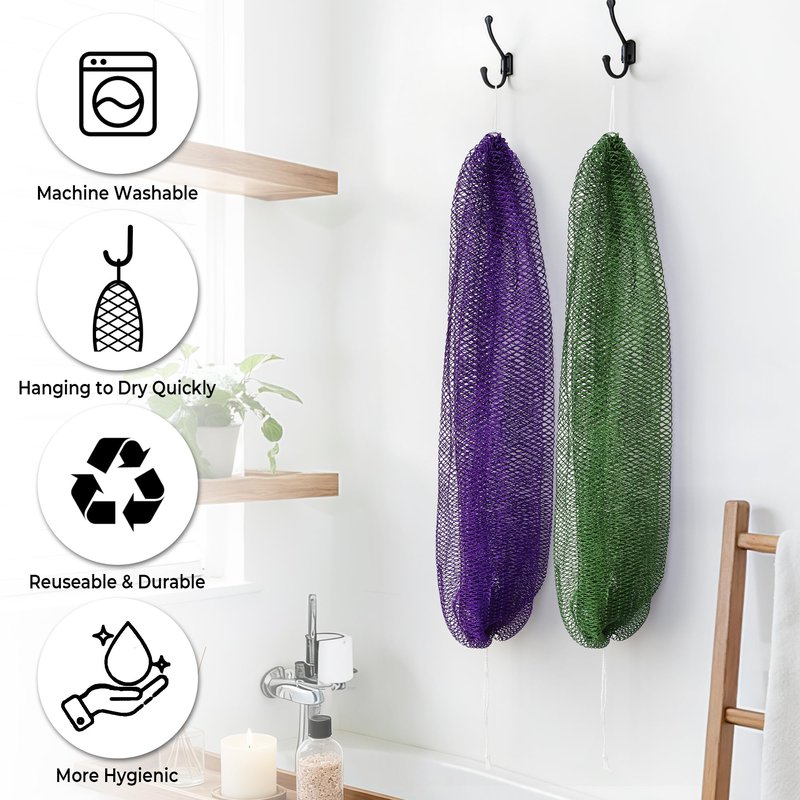 African Net Sponge Authentic - 2 Pieces Exfoliating Body Scrubber Bath Sponge - Back Scrubber Washcloth for Shower White&Purple - Real African Scrub Exfoliator Body Care Bathing Accessorie