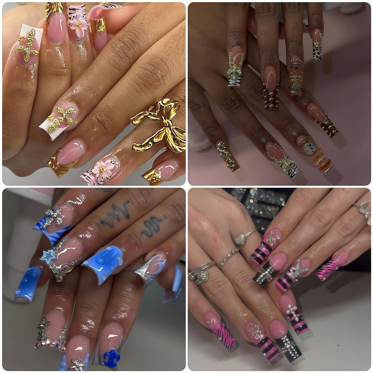 KINGNAME 120 PCS 3D Cross Nail Charms Kit Gold Silver Rhinestone Pearl Jewels with Tweezer for DIY Art Manicure Decoration
