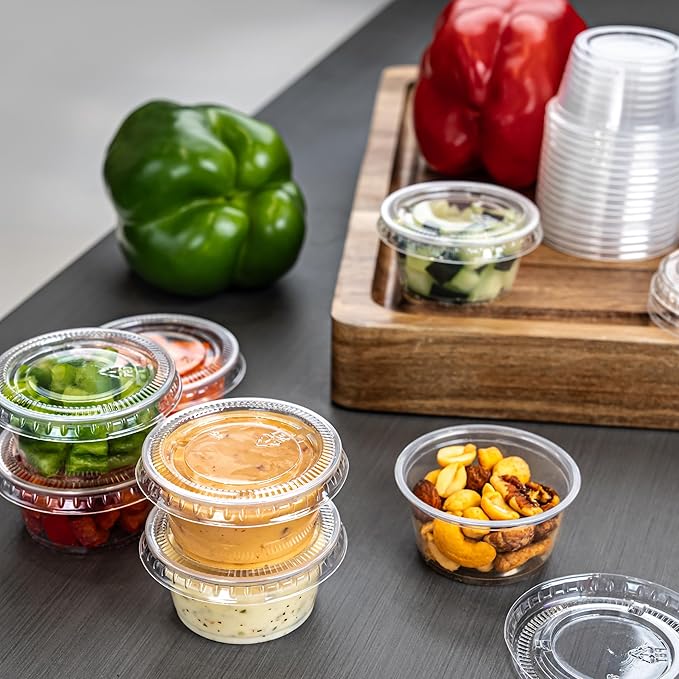 Amazon Basics Disposable Plastic To-Go Cups and Lids, Mini, 2oz, 50 Count, BPA Free, for Condiment, Salad Dressing, Sauces, Jello Shots
