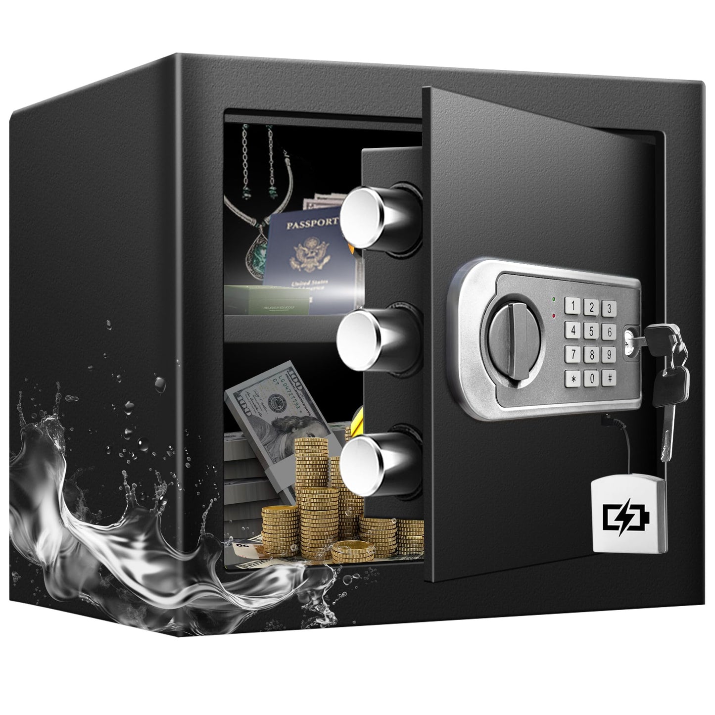 VaultHex Medium Safe Box for Home - 2.0 CuFt Mountable Cabinet with Motion Light & Dual Alarm, Digital Keypad & Override Key, Removable Shelf - Secure Black Storage for Money, Files, and Valuables