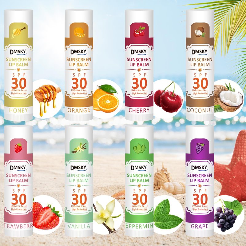 DMSKY SPF 30 Lip Balm 8 Pack, Clear Lip Sunscreen No White Cast, Broad Spectrum Sunblock for Lips with Vitamin E & Coconut Oil - Beach Essentials & Travel Size