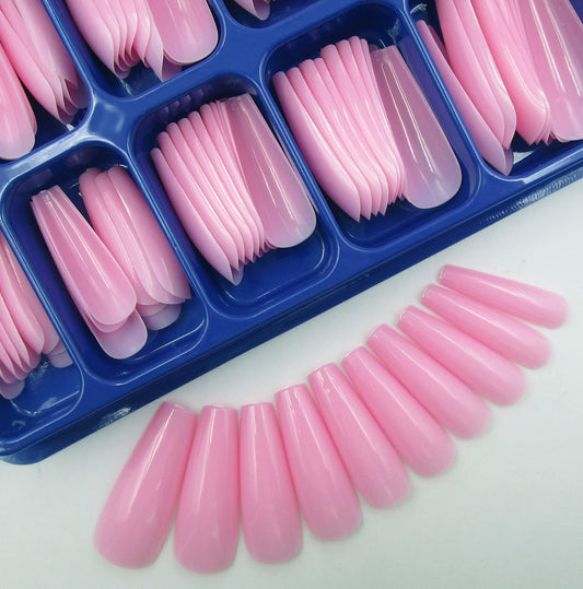 LoveOurHome 100pc Colored Long Coffin False Nails Artificial Acrylic Tips Ballerina Shape XL Pink Press on Fake Nails Manicure Fingernail DIY Decor for Women Girls (Pink)