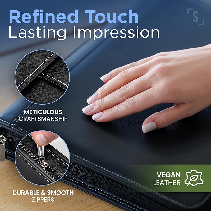 STYLIO Walnut Zipper Portfolio Binder w/Carrying Handle | Removable 3-Ring Binder (1") w/Clipboard Padfolio | Organizer for Documents, iPad, Tablet, Notebook | Business Leather Folder for Men Women