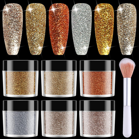 Furtherpretty Nail Glitter Powder Set, 6 Colors Gold Silver Bronze Sparkle Glitter Dust with Brush, Chunky & Fine Nail Art Glitter for Acrylic, Gel Nails, DIY Manicure & Christmas Nail Decoration