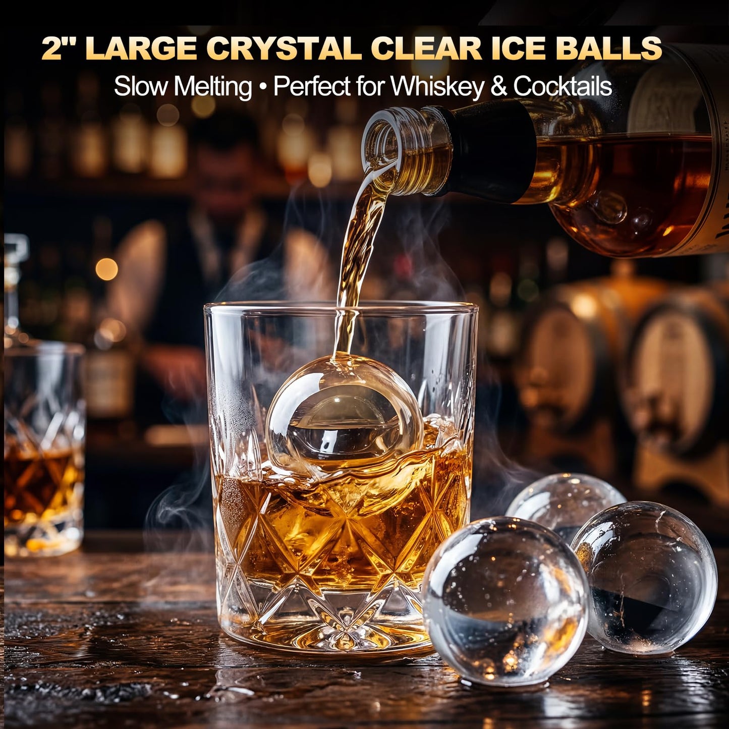 SOZT® 2" Ice Ball Maker Countertop, 4Pcs Ready in 40Mins, 144Pcs/Day, Sphere Ice Maker Machine with Self-Cleaning, Auto & Manual Fill, Round Ice Cube Maker for Home Bar Whiskey Bourbon