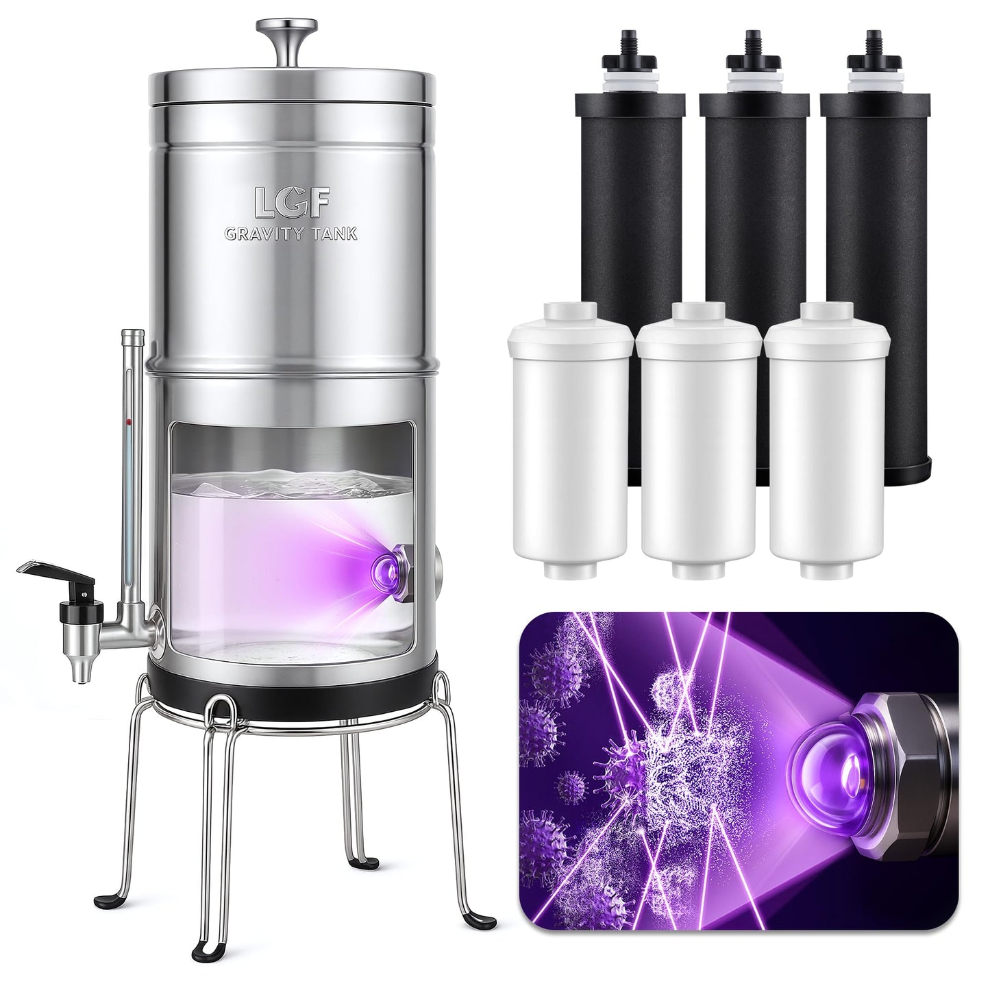 LCF 𝐒𝐢𝐥𝐯𝐞𝐫 𝐈𝐨𝐧𝐬 Enhanced UV-C Gravity Water Filter, Advanced Alternative to Berkey Water Filter System, NSF42 Standard, Reduces 99% Chlorine & Baçtёria, 6 Filters, Water Level Spigot, 3Gal